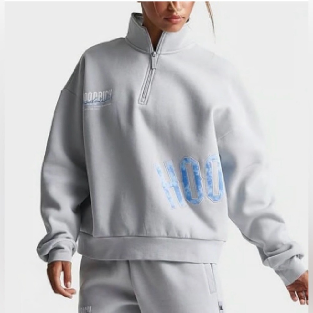 NEW Hoodrich Y2K Woman’s Blue Gray Cropped 1/4 Zip Sellout Logo Hoodie Size XS
